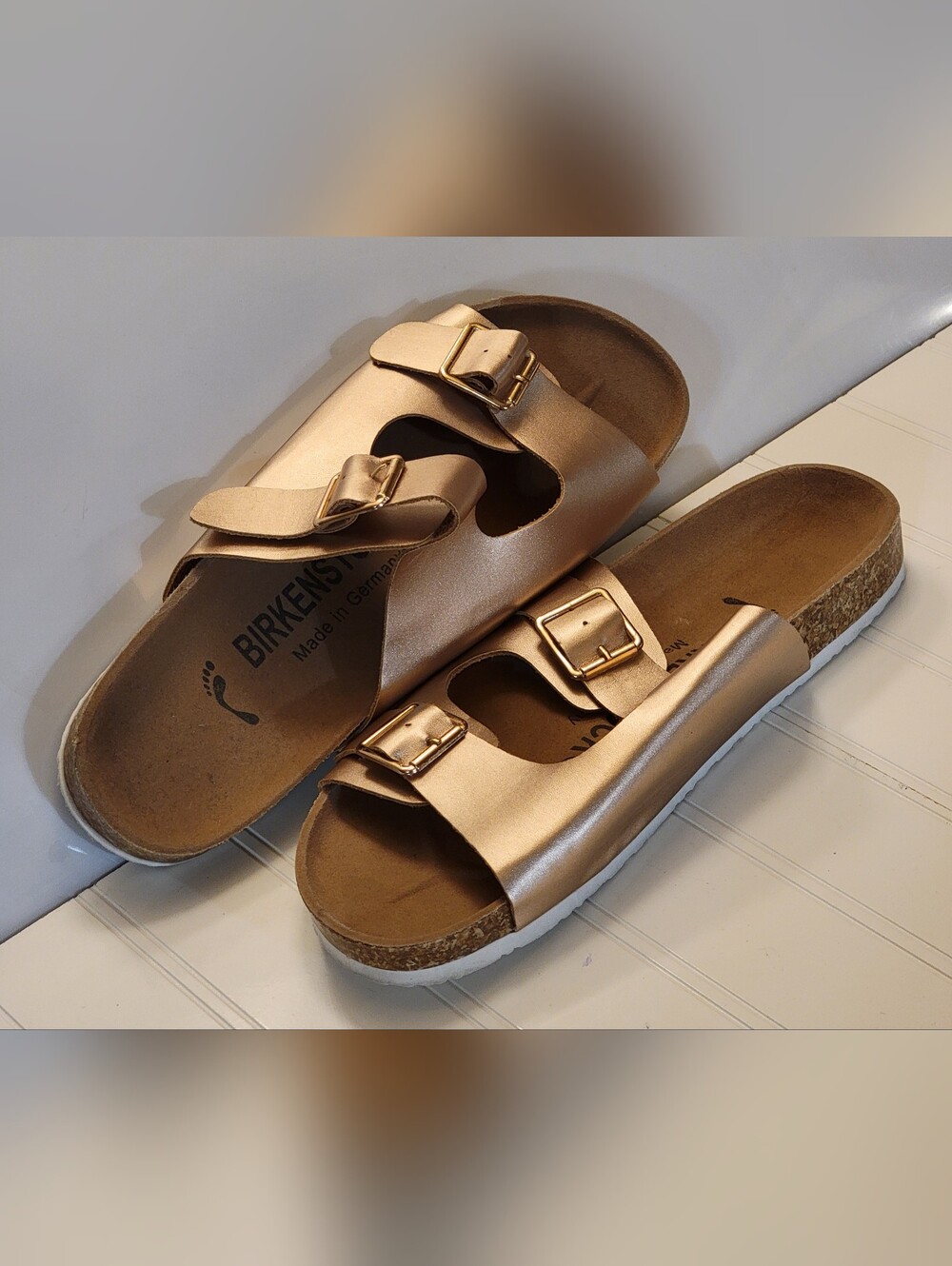 Birkenstock Arizona Soft Footbed Slide Sandals Metallic Rose Gold Size 7 Women's